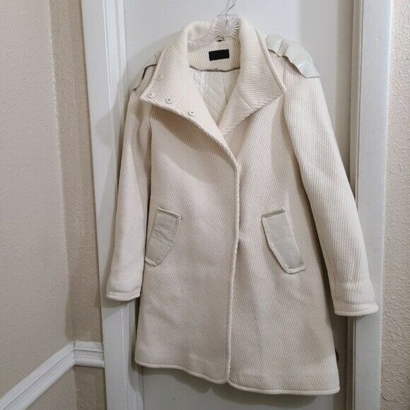 RUDSAK Ivory Designer Wool Leather Button Up Long Trench Coat Size XS - Picture 4 of 12